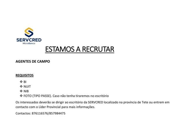 Vagas para (17) Agentes de Campo com 7* Classe- SERVCRED MicroBanco - 1/1