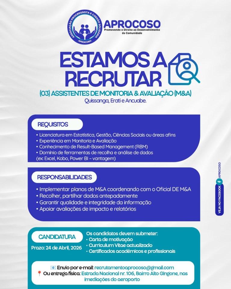 Assistente de Monitoria e Avaliação | 3 vagas na APROCOSO