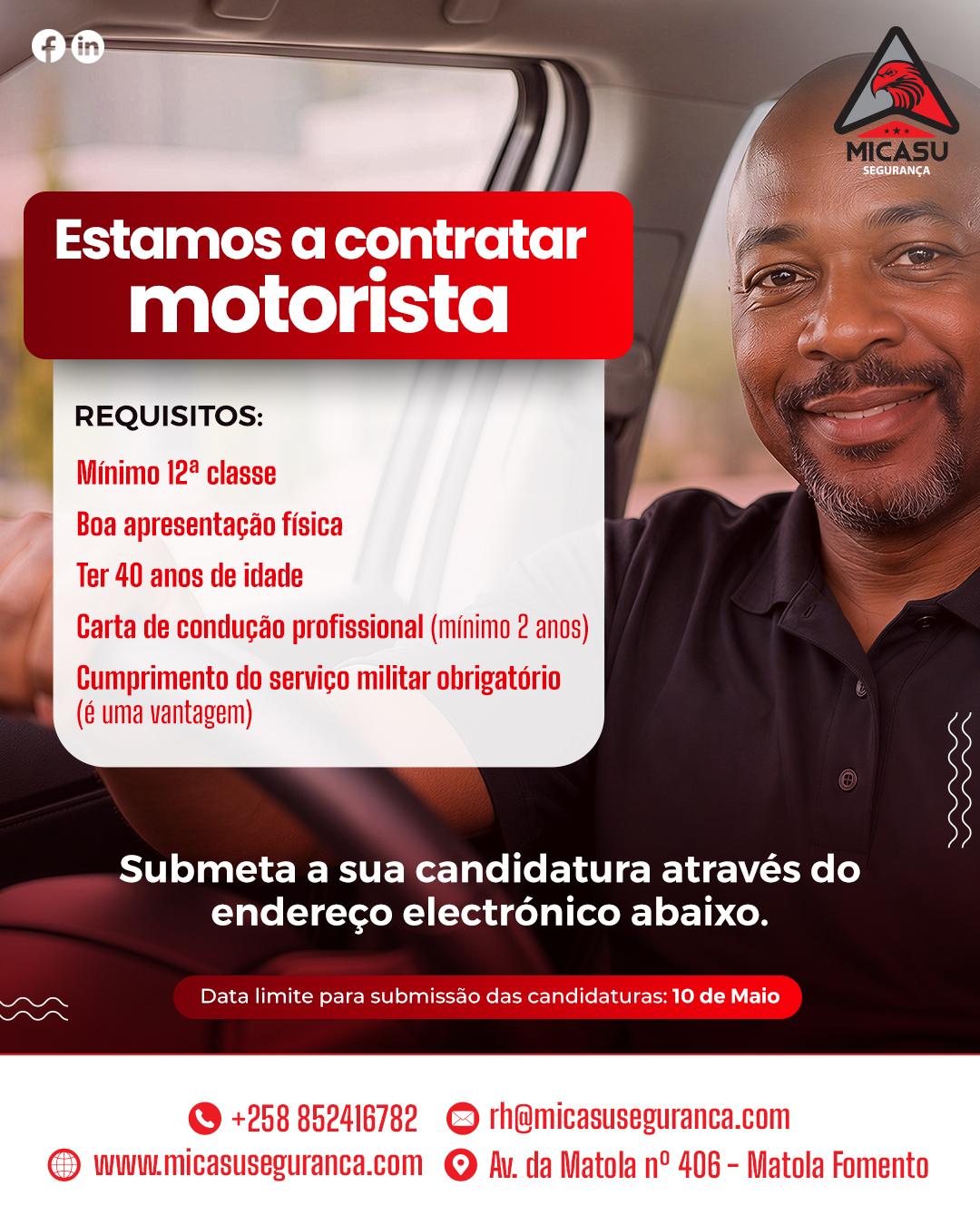 A Micasu Segurança esta a Recrutar (01) Motorista com 12.ª Classe