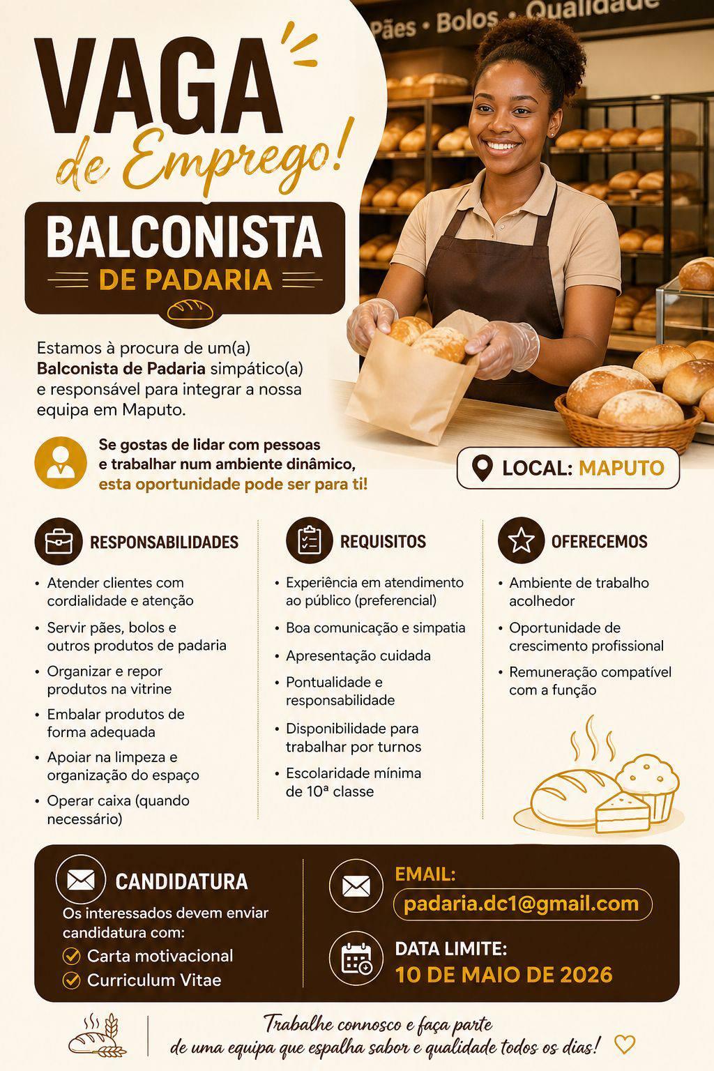 Vagas para (01) Balconista de Padaria e (01) Assistente de Padeiro