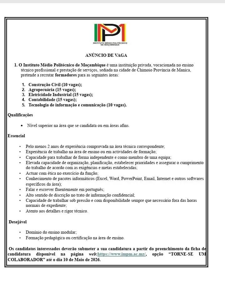 O Instituto Médio Politécnico de Moçambique abre (65) vagas de emprego - Descrição da oferta, jornada de trabalho e responsabilidades