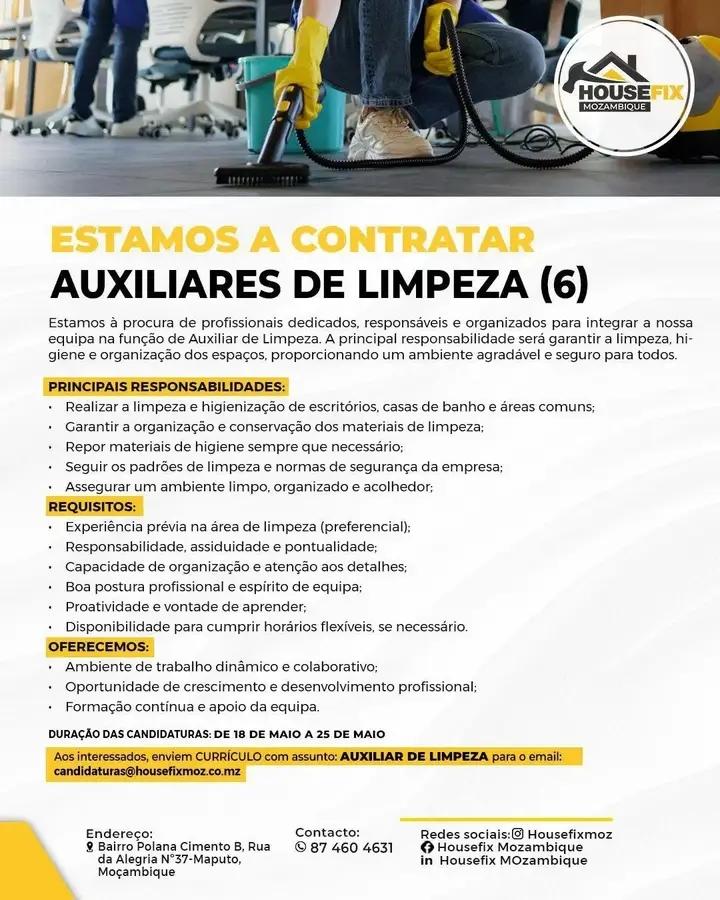 Vagas para (6) Auxiliares de Limpeza - Descrição da oferta, jornada de trabalho e responsabilidades